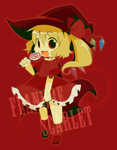 alternate_costume blonde_hair candy character_name chibi fang flandre_scarlet food hat lollipop misaki_(1n1m) open_mouth red_background red_eyes side_ponytail simple_background smile solo touhou wings witch_hat