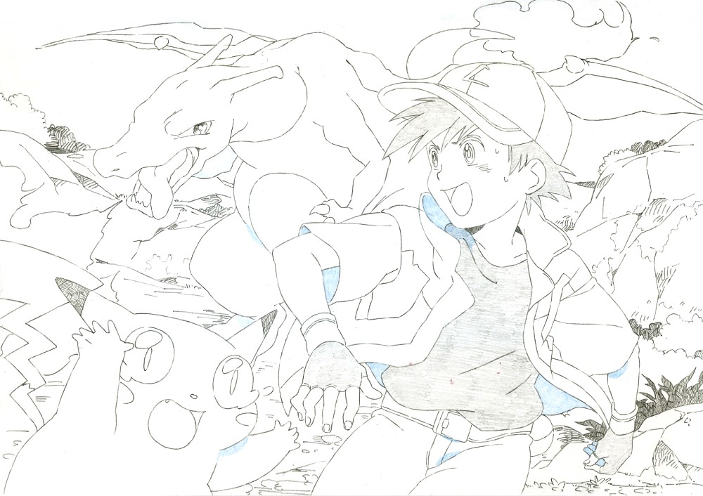 baseball_cap charizard dengeki!_pikachu gen_1_pokemon hat monochrome pikachu pokemon pokemon_(anime) pokemon_(creature) satoshi_(pokemon) sketch taoru_(t_kiji)
