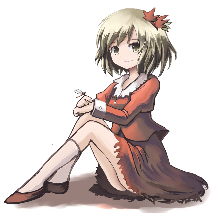 aki_shizuha bad_id bad_pixiv_id blonde_hair bug dress hair_ornament insect juuki_taira kneehighs leaf_hair_ornament looking_at_viewer red_dress short_hair simple_background smile solo touhou white_background yellow_eyes