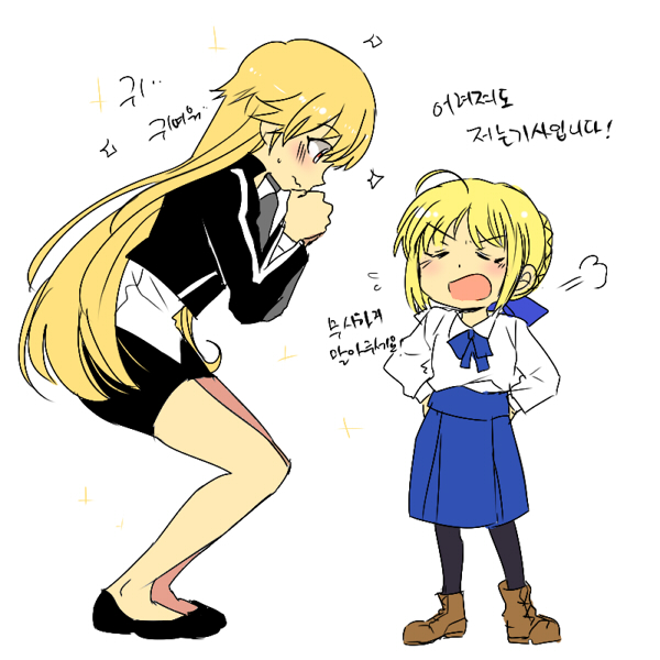 age_regression ahoge arnoul artoria_pendragon_(all) bad_id bad_pixiv_id bare_legs blonde_hair blush braid closed_eyes fate/stay_night fate/zero fate_(series) french_braid genderswap genderswap_(mtf) gilgamesh hair_bun hands_on_hips korean long_hair miniskirt multiple_girls pantyhose red_eyes saber simple_background skirt squatting translated wavy_mouth white_background younger