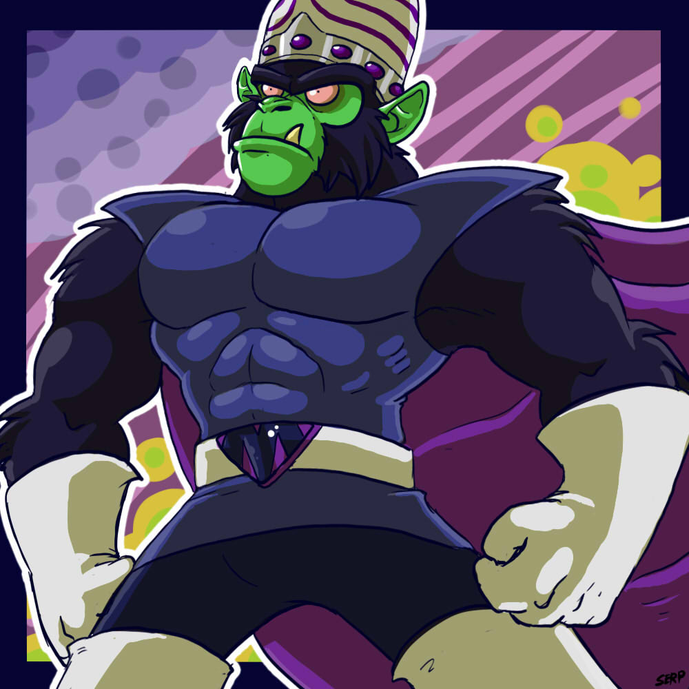 anthro ape biceps big_muscles cape clothing costume fangs fur gloves green_skin hat male mammal mojo_jojo muscles mutant_serpentina pecs pose powerpuff_girls primate solo spandex standing suit tight_clothing