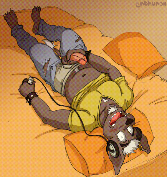 balls bed blush canine caught clothed clothing dog ear_piercing erection facial_hair goatee headphones humanoid_penis jeans lying male mammal masturbation on_back open_mouth pants penis piercing pillow rthur shirt solo surprise underwear