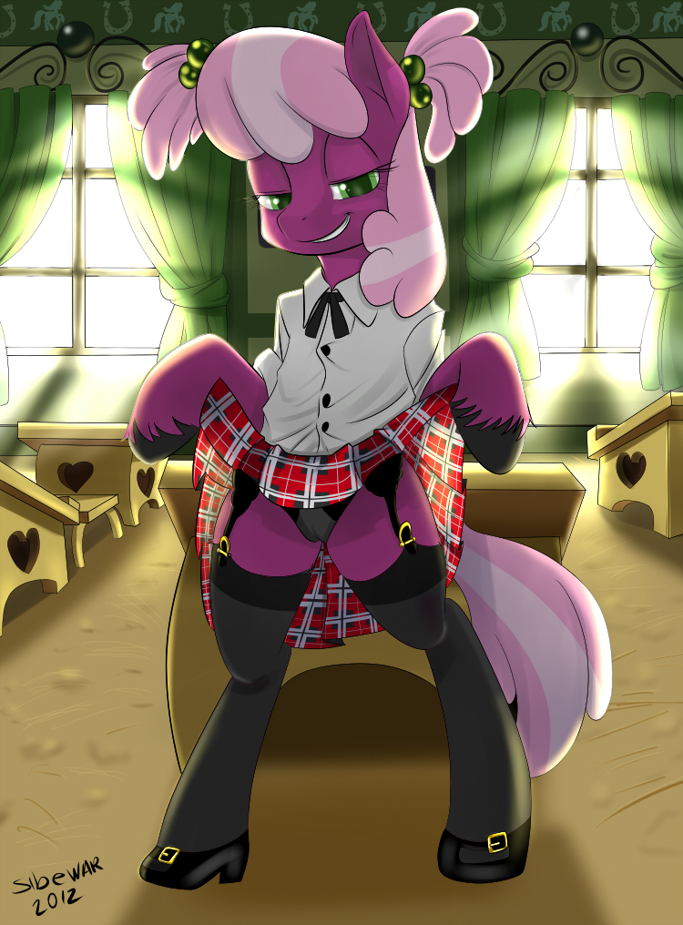 cheerilee_(mlp) clothed clothing desk equine exhibitionism female friendship_is_magic green_eyes hair horse inside lingerie looking_at_viewer my_little_pony pegasus pink_hair pony siberwar smile solo stockings two_tone_hair underwear wings