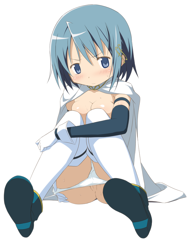 banned_artist blue_eyes blue_hair blush boots breasts cape cleavage elbow_gloves gloves hair_ornament magical_girl mahou_shoujo_madoka_magica medium_breasts miki_sayaka moritan panties panty_pull pussy pussy_peek short_hair sitting solo sweat tears thighhighs underwear