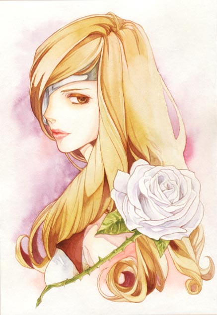 bad_id bad_pixiv_id beatrix brown_eyes brown_hair drill_hair eyepatch face final_fantasy final_fantasy_ix flower lips looking_back rose slinkyui solo traditional_media watercolor_(medium) white_flower white_rose