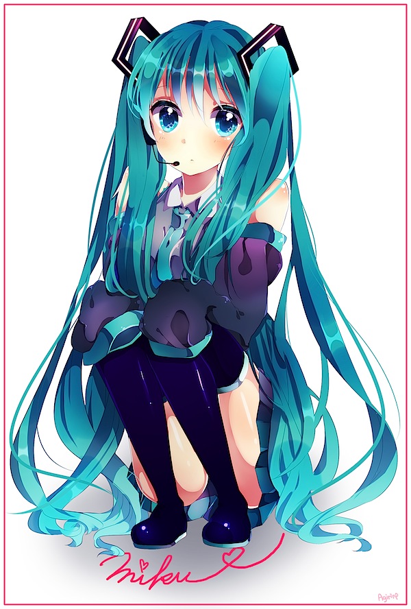 bad_id bad_pixiv_id blush boots detached_sleeves hands_on_own_knees hatsune_miku headset long_hair looking_at_viewer rinndouk solo thigh_boots thighhighs very_long_hair vocaloid
