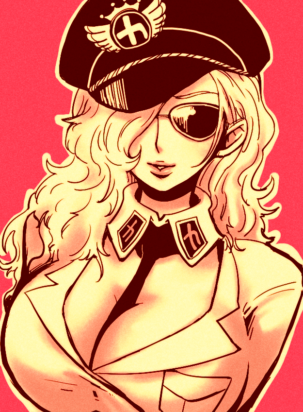 1girl breasts cleavage color_background domino_(one_piece) hair_over_one_eye hat impel_down necktie one_piece peaked_cap pink_background solo sunglasses uniform utakatauta