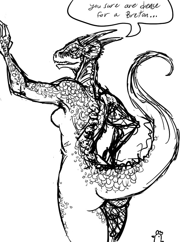 argonian breasts butt dialog dialogue english_text female guoh horn lizard looking_back male monochrome nude plain_background reptile scalie side_boob solo straight text the_elder_scrolls unknown_artist video_games white_background