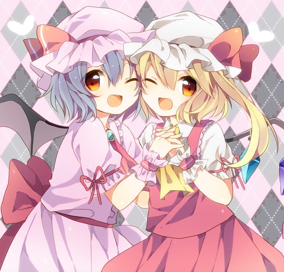 ;d argyle argyle_background ascot bad_id bad_pixiv_id blonde_hair blue_hair fang flandre_scarlet hat hat_ribbon holding_hands looking_at_viewer multiple_girls one_eye_closed open_mouth poooka red_eyes remilia_scarlet ribbon skirt skirt_set smile touhou wings wrist_cuffs