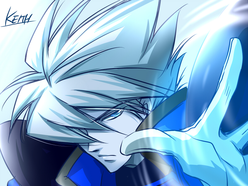 blue_eyes character_name coat expressionless keith_evans male_focus psychic_force sisido_(black_candy) solo spiked_hair white_background white_hair