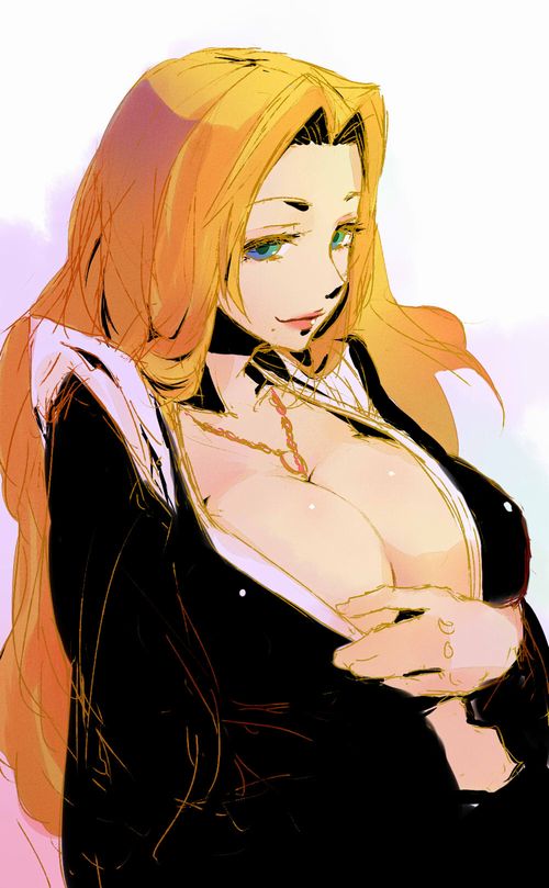1girl bleach blonde_hair blue_eyes breasts cleavage first_forest green_eyes huge_breasts jewelry long_hair matsumoto_rangiku mole necklace smile solo