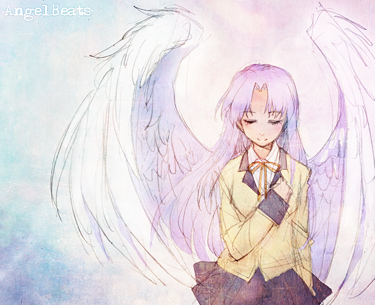 angel_beats! angel_wings blazer closed_eyes copyright_name feathered_wings gradient graphite_(medium) hand_on_own_chest jacket lavender_hair long_hair multicolored multicolored_background saban school_uniform sketch skirt solo tenshi_(angel_beats!) traditional_media wings
