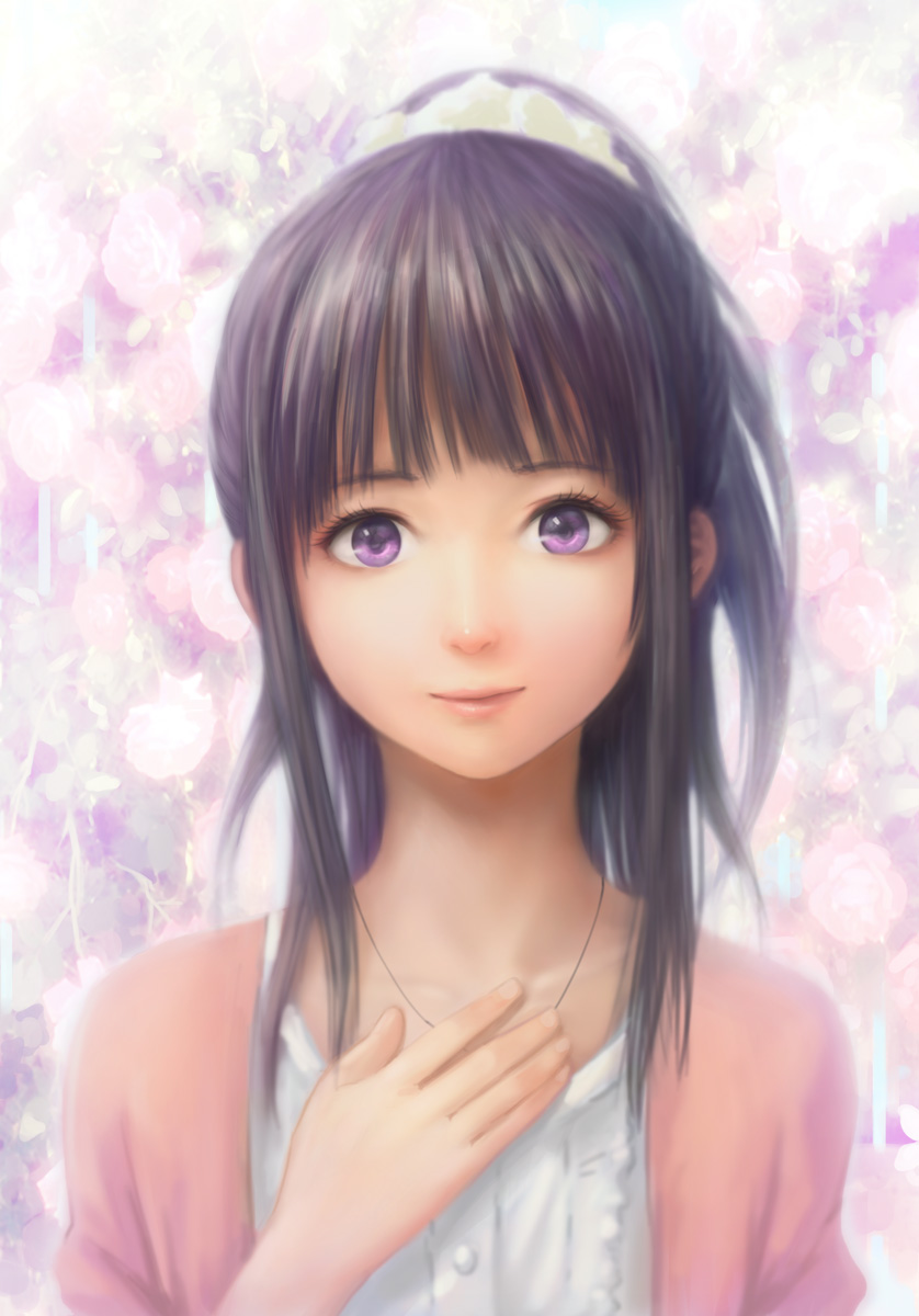 black_hair casual chitanda_eru highres hyouka long_hair ponytail purple_eyes realistic smile zhenlin