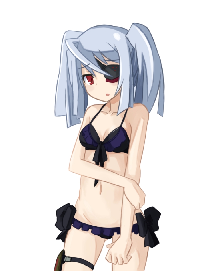 ahoge bikini embarrassed eyepatch frilled_bikini frills infinite_stratos laura_bodewig long_hair navel red_eyes sai_(bankoru) silver_hair solo swimsuit thigh_strap twintails