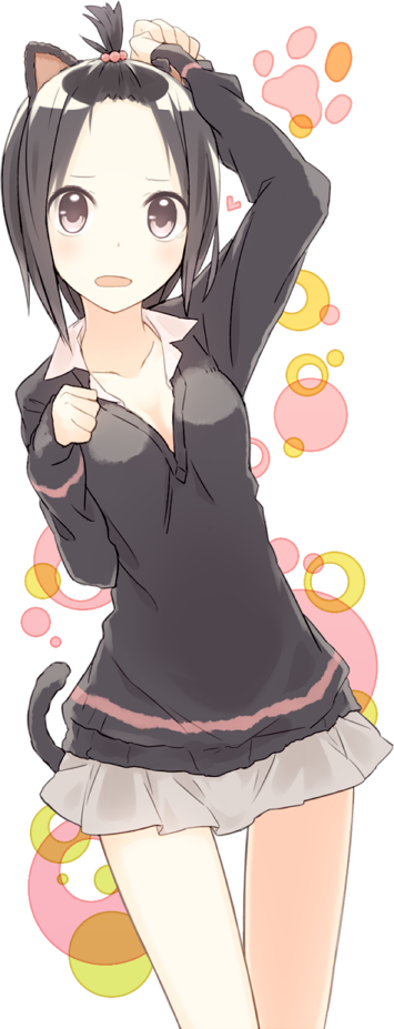 animal_ears bad_id bad_pixiv_id blush breasts brown_eyes brown_hair cat_ears cat_tail cleavage furukawa_wanosuke looking_at_viewer open_mouth original paw_pose short_hair skirt small_breasts solo sweater tail topknot