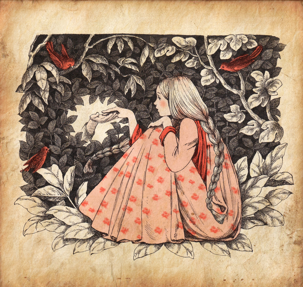 7773 bird braid branch chin_rest dress from_side hand_on_another's_hand holding_hands leaf long_sleeves original partially_colored single_braid sitting solo_focus touching traditional_media