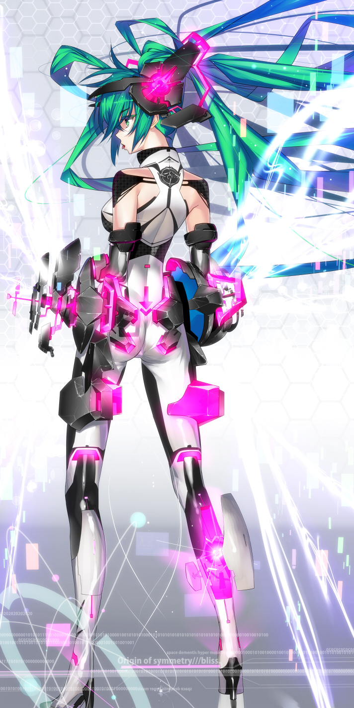 ass bad_id bad_pixiv_id bodysuit english from_behind gauntlets green_eyes green_hair hatsune_miku headgear hexagon highres hullabaloo long_hair number solo standing tongue tongue_out very_long_hair vocaloid