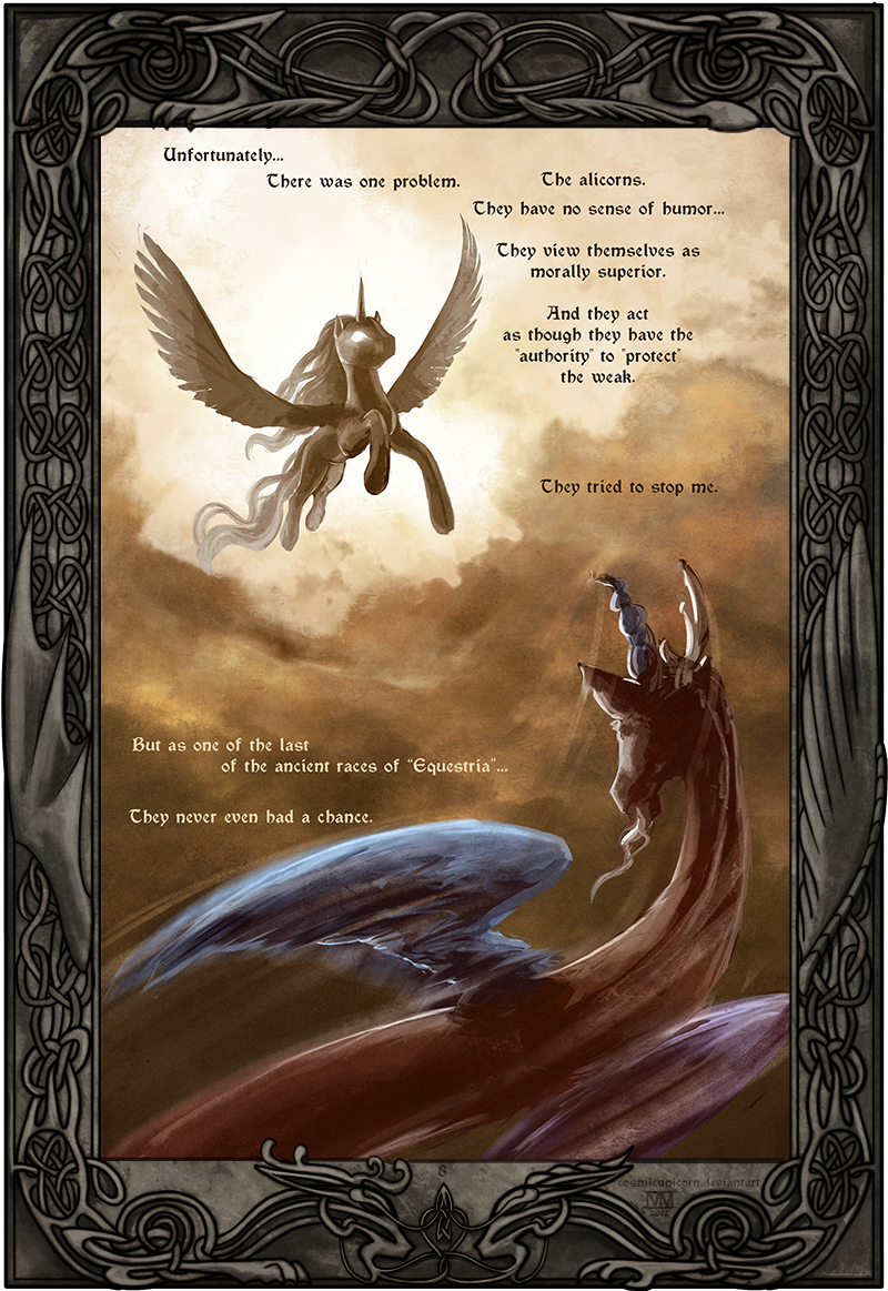 brown_theme cloud clouds comic cosmicunicorn discord_(mlp) draconequus english_text equine feral friendship_is_magic glowing glowing_eyes horn male mammal my_little_pony ornate_border text winged_unicorn wings