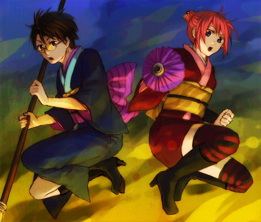 1girl 96nyako bad_id bad_pixiv_id black_hair blue_eyes boots bun_cover double_bun gintama glasses japanese_clothes kagura_(gintama) kimono red_hair shimura_shinpachi striped striped_legwear thighhighs umbrella