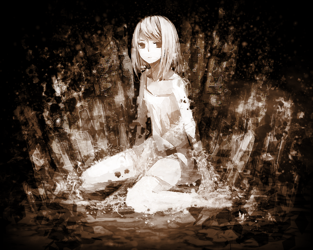 avtechno! bad_id bad_pixiv_id bangs brown closed_mouth collarbone cryonics_(vocaloid) full_body kagamine_rin lemontea looking_at_viewer monochrome short_hair sitting sketch skirt sleeves_past_elbows smile solo swept_bangs vocaloid wariza