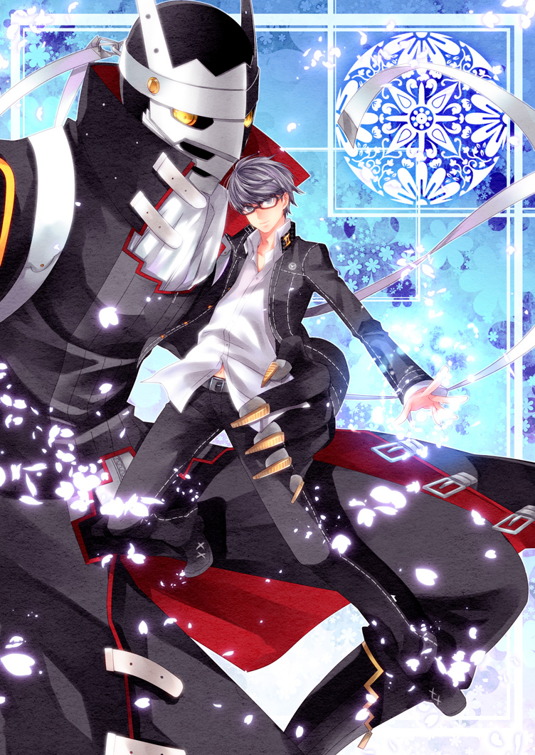 argent-ag bad_id bad_pixiv_id glasses grey_eyes grey_hair izanagi male_focus multiple_boys narukami_yuu persona persona_4 school_uniform