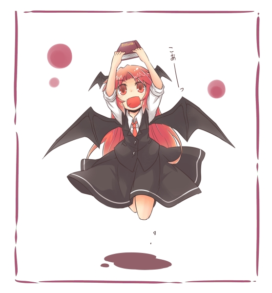 arms_up bat_wings book dress_shirt fang frame head_wings jumping koa_(phrase) koakuma long_hair necktie open_mouth red_eyes red_hair red_neckwear shirt skirt smile solo touhou translated very_long_hair vest viva!! wings