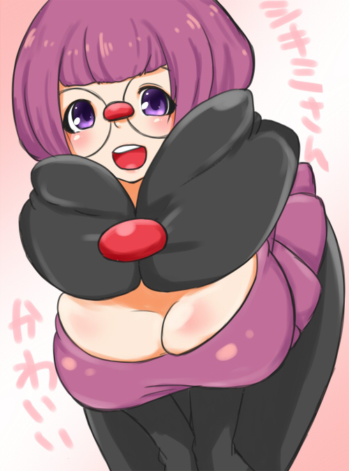 1girl :d artist_request bent_over blush breasts cleavage elite_four glasses kohi large_breasts looking_at_viewer open_mouth pokemon purple_eyes purple_hair shikimi_(pokemon) short_hair skindentation smile solo