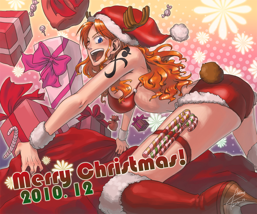2010 ameng870125 blue_eyes breasts candy candy_cane christmas large_breasts nami nami_(one_piece) one_piece orange_hair smile tattoo wink