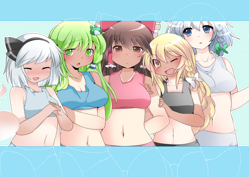 :o bad_id bad_pixiv_id bare_shoulders bikini_bottom blonde_hair blue_eyes blush bow braid breasts brown_eyes cleavage closed_eyes crop_top frog_hair_ornament green_eyes green_hair hair_bow hair_ornament hair_tubes hairband hakurei_reimu hammer_(sunset_beach) hitodama izayoi_sakuya kirisame_marisa kochiya_sanae konpaku_youmu konpaku_youmu_(ghost) letterboxed medium_breasts midriff multiple_girls navel no_hat no_headwear odd_one_out one_eye_closed open_mouth short_hair silver_hair single_braid smile tan tank_top tanline touhou twin_braids upper_body