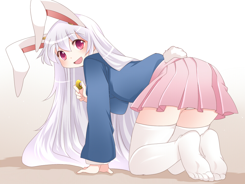 all_fours animal_ears blush bunny_ears bunny_tail crescent feet hammer_(sunset_beach) long_hair long_sleeves looking_back open_mouth panties pleated_skirt red_eyes reisen_udongein_inaba silver_hair skirt soles solo tail thighhighs touhou underwear very_long_hair white_legwear white_panties