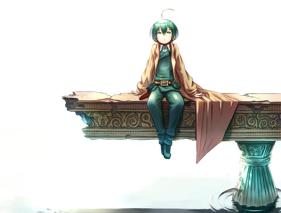 ahoge belt belt_pouch boots coat formal full_body green_eyes green_hair kino kino_no_tabi pouch reverse_trap ruins short_hair simple_background sitting solo suit white_background window1228