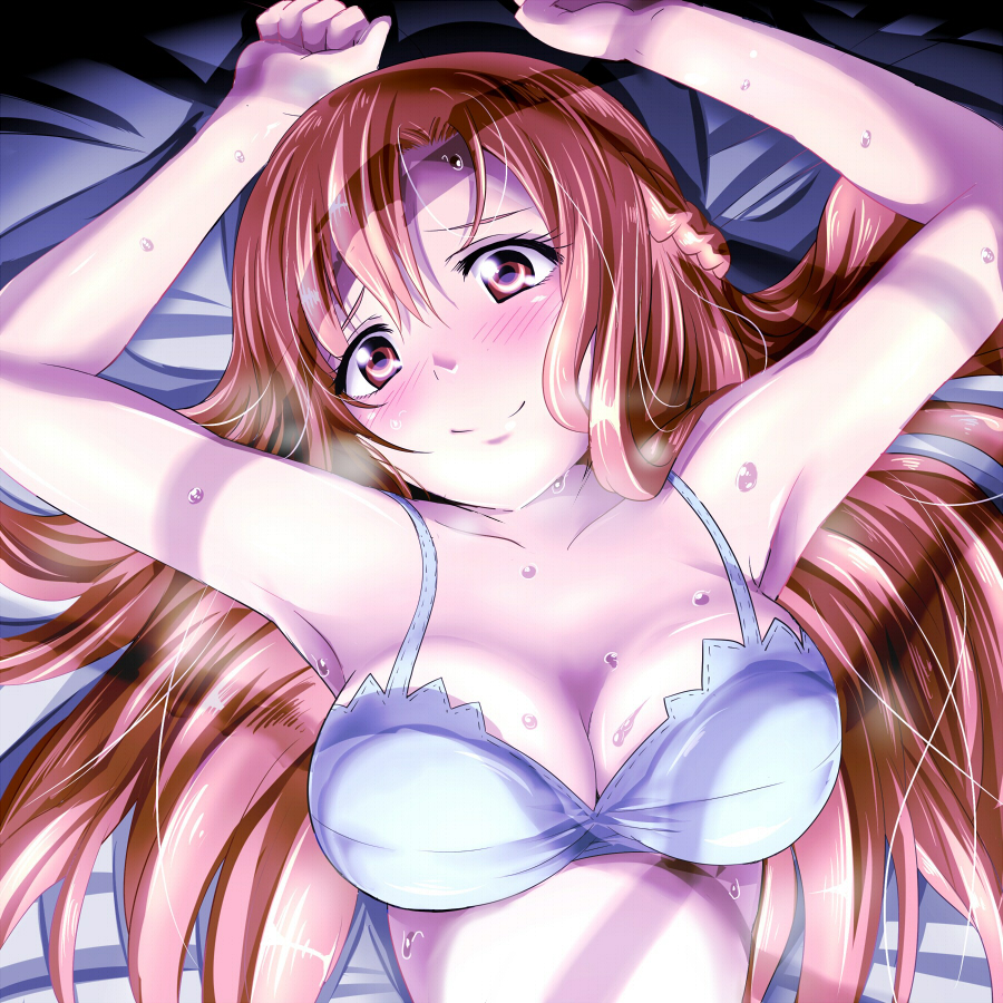 armpits arms_up asuna_(sao) bad_id bad_pixiv_id blue_background blush breasts brown_eyes brown_hair cleavage collarbone kayama_kenji large_breasts long_hair looking_at_viewer lying on_back shadow smile solo sweat sword_art_online upper_body