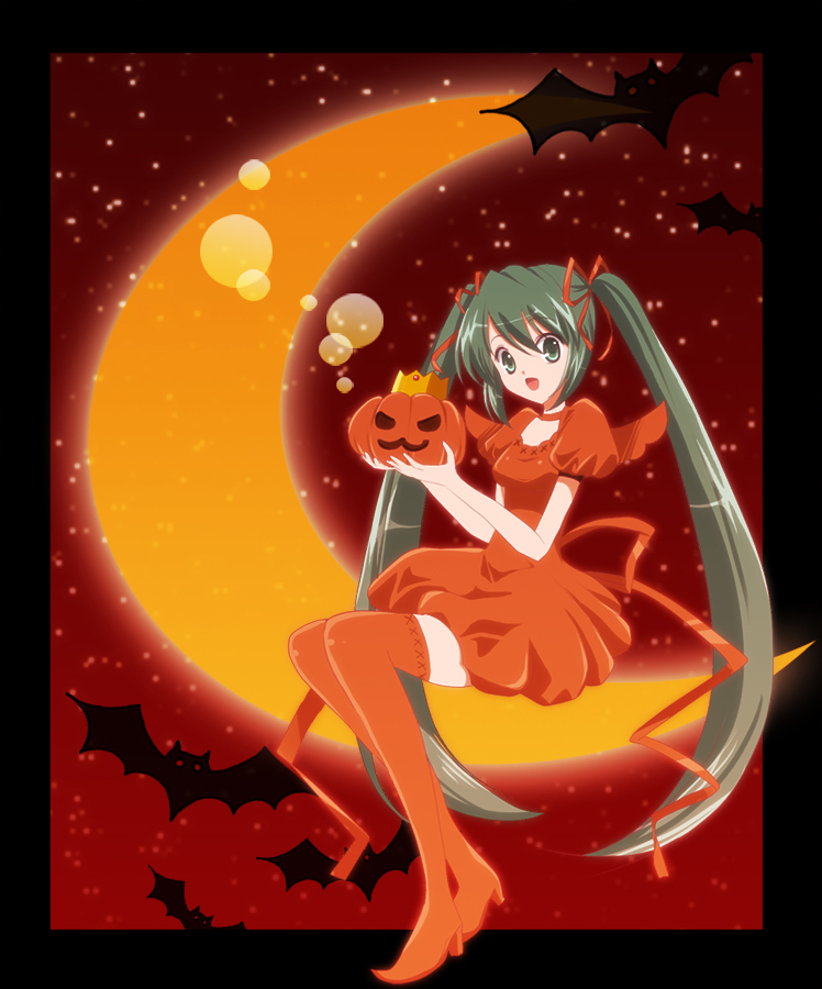 bat boots choker crescent_moon crown dress green_eyes green_hair hair_ribbon halloween hatsune_miku high_heels jack-o'-lantern long_hair moon open_mouth orange_legwear ribbon shoes sinko sitting solo thigh_boots thighhighs twintails very_long_hair vocaloid