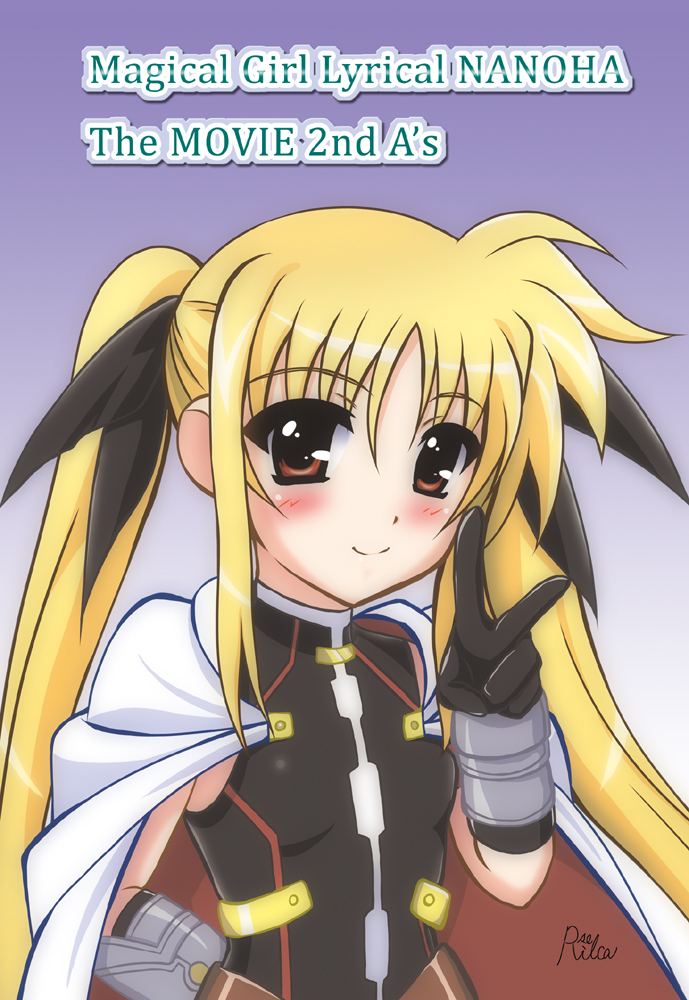 armor artist_name belt blonde_hair blush cape copyright_name fate_testarossa gradient gradient_background hair_ribbon long_hair lyrical_nanoha mahou_shoujo_lyrical_nanoha mahou_shoujo_lyrical_nanoha_a's mahou_shoujo_lyrical_nanoha_the_movie_2nd_a's ouse_riruka red_eyes ribbon smile solo twintails v