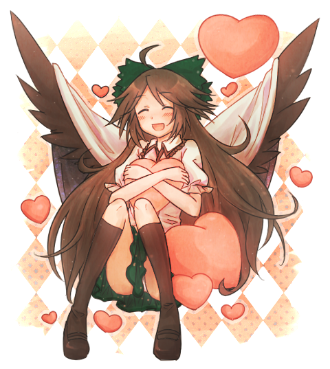 bad_id bad_pixiv_id blush bow brown_hair cape heart hug long_hair panties reiuji_utsuho sitting smile socks solo touhou umi_hare underwear white_panties