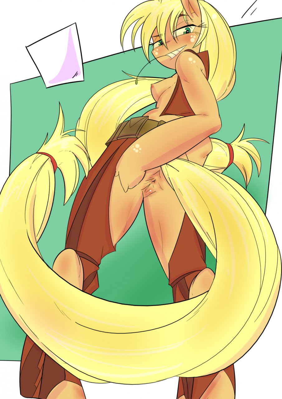 anthro anthrofied anus applejack_(mlp) blonde_hair blush breasts butt chaps cutie_mark equine female freckles friendship_is_magic green_eyes hair horse long_hair looking_at_viewer looking_back mammal my_little_pony nipples open_mouth pony pussy solo zeiro