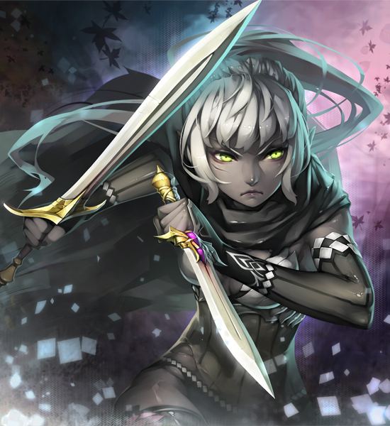 black_skin cape detached_sleeves dual_wielding frown green_eyes grey_hair holding lips long_hair lvans original pointy_ears ponytail reverse_grip scar solo sword weapon