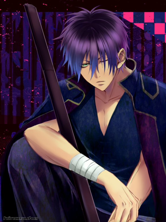 black_hair gintama green_eyes hakaicom headband jacket_on_shoulders male_focus purple_hair sheath sheathed solo sword takasugi_shinsuke weapon wince