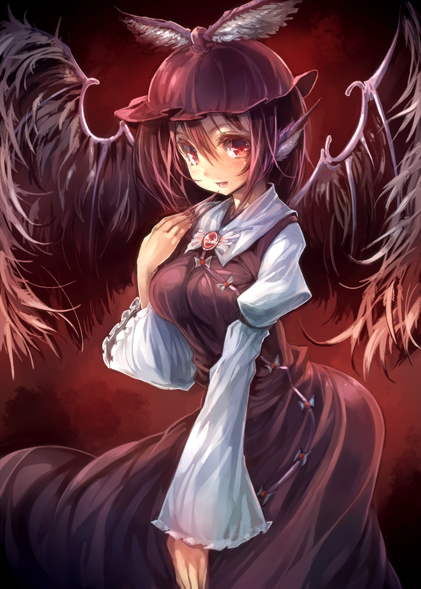 :d animal_ears blush breasts dress fingernails hat long_fingernails looking_at_viewer medium_breasts mystia_lorelei nail_polish open_mouth red_eyes red_hair sharp_fingernails short_hair smile solo touhou ukyo_rst wings