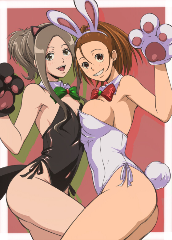 1girl ana_gram animal_ears bare_legs bow bowtie breasts brown_eyes brown_hair bunny_ears bunny_tail bunnysuit cat_ears detached_collar gloves itou_nonoha kittysuit large_breasts leotard open_mouth otoko_no_ko paw_gloves paws phi_brain_puzzle_of_god samidaredou side-tie_leotard tail