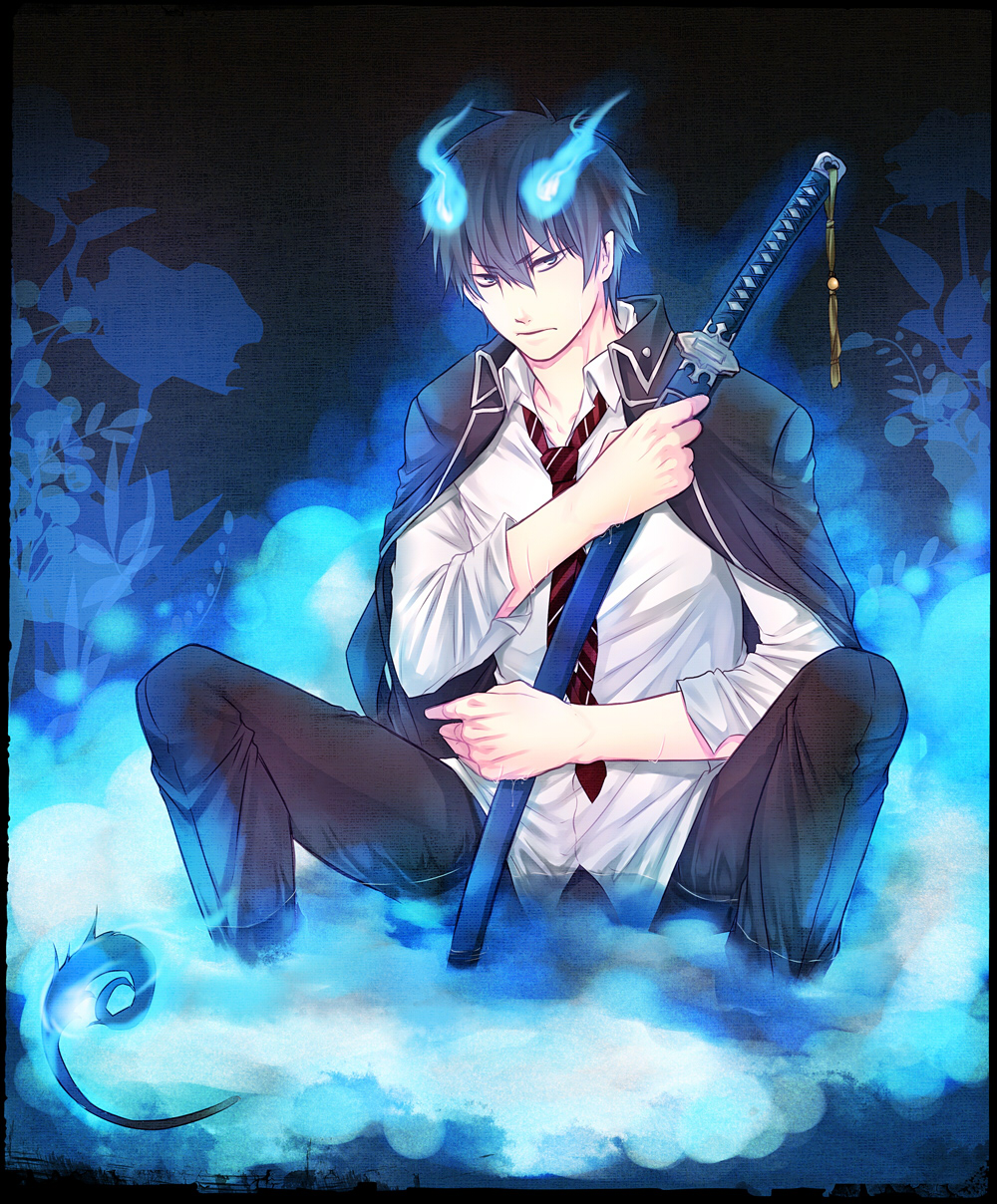 ao_no_exorcist arima_(iro_rabbit) black_hair blue_eyes blue_fire fire highres jacket_on_shoulders male_focus necktie okumura_rin pointy_ears sheath sheathed solo striped striped_neckwear sword tail weapon