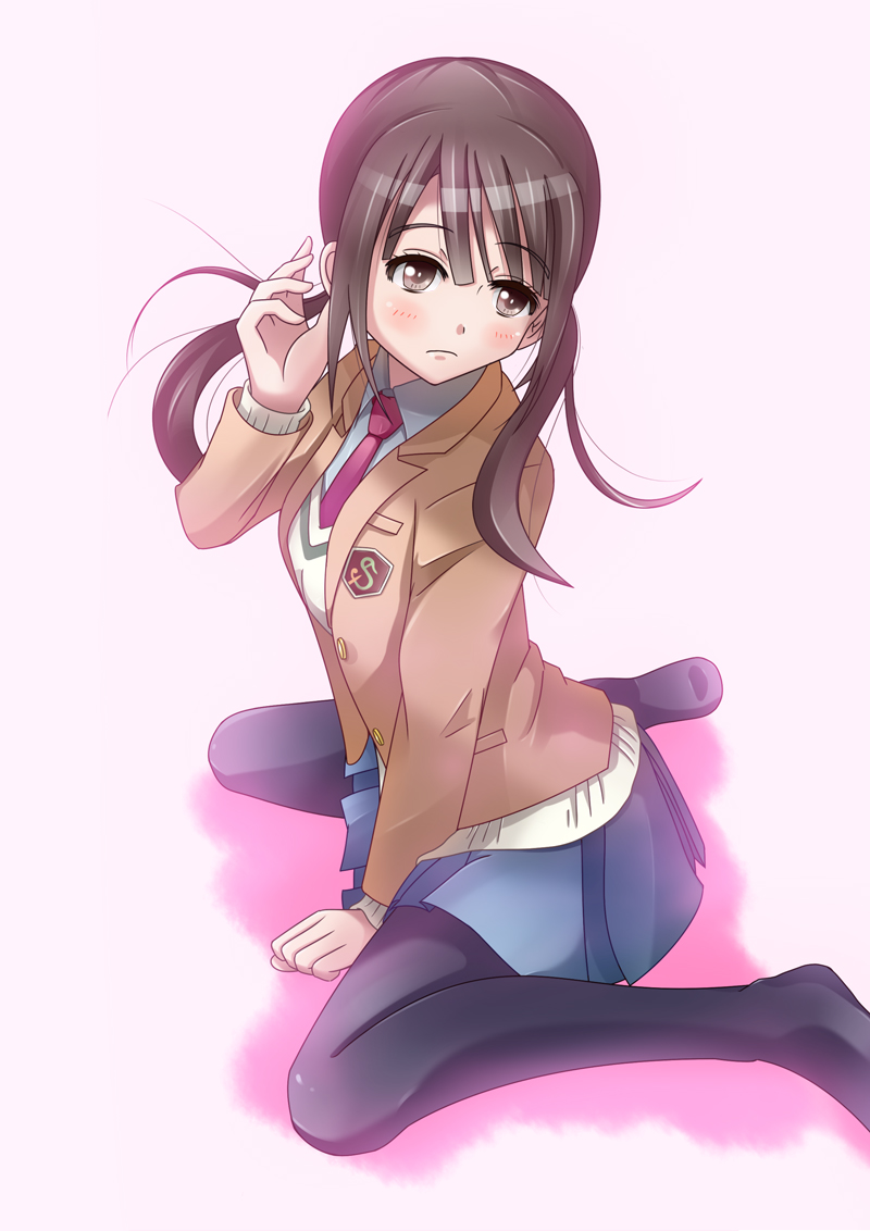 adjusting_hair bad_id bad_pixiv_id between_legs blazer blush brown_eyes brown_hair hand_between_legs jacket miro_(katsushikashibamata) necktie okita_sawa pantyhose pleated_skirt school_uniform sitting skirt solo sweater tari_tari twintails wariza