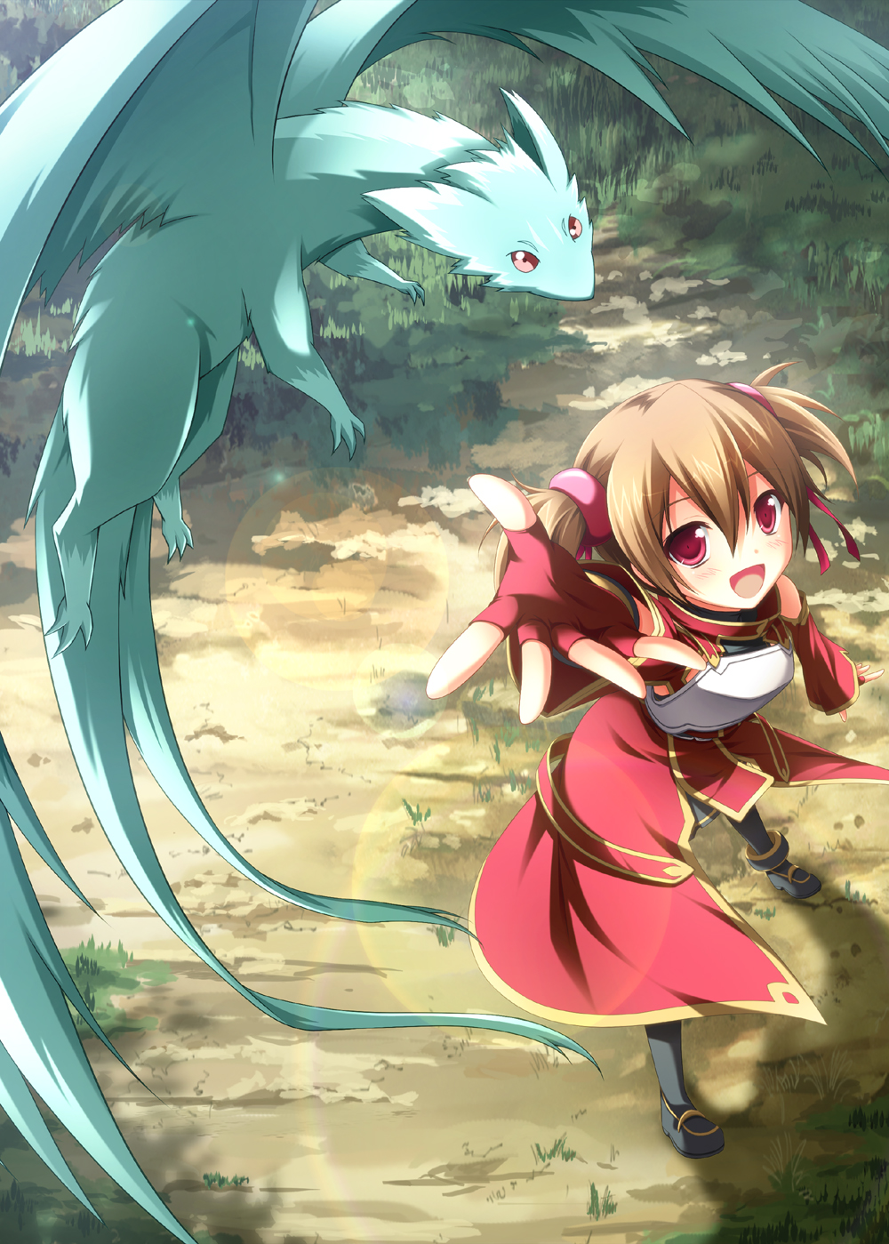 arm_up brown_hair fingerless_gloves flying from_above gloves grass highres open_mouth pina_(sao) red_eyes short_hair silica sword_art_online tsuda_akira twintails