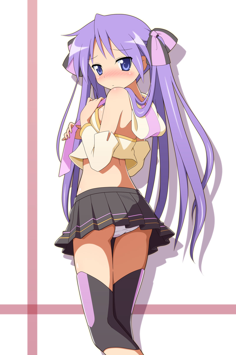 bare_shoulders blush bow commentary_request detached_sleeves from_behind hair_bow highres hiiragi_kagami long_hair looking_at_viewer looking_back lucky_star mel_(melty_pot) midriff panties pantyshot pleated_skirt purple_eyes purple_hair skirt solo thigh_gap thighhighs tsurime twintails underwear white_panties