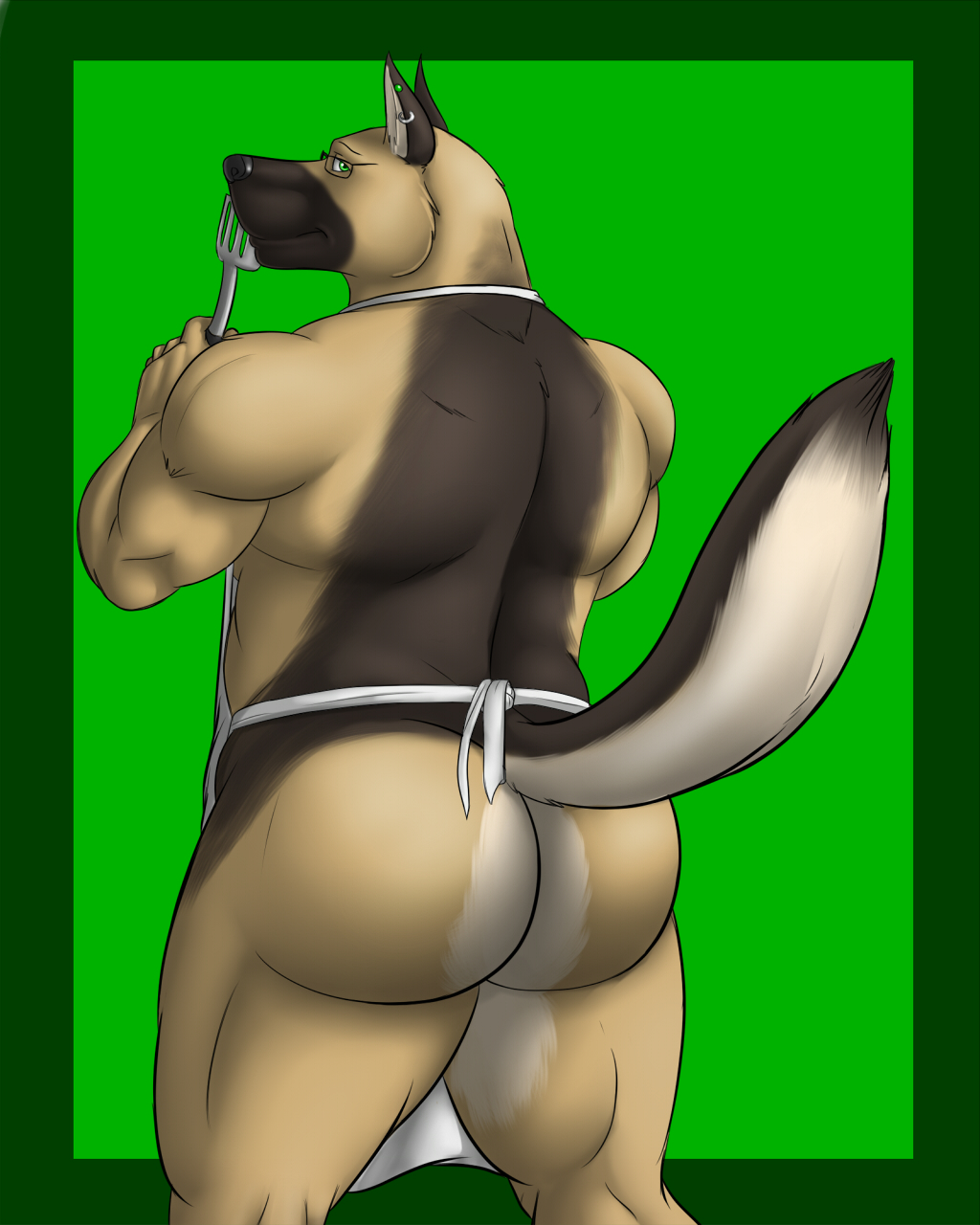 apron back back_turned biceps big_butt big_muscles brown_fur bug_butt butt canine chef dog ear_piercing eyewear fur german_shepherd glasses green_background green_eyes komatose looking_at_viewer looking_back male mammal mooning muscles nude piercing plain_background pose raised_tail solo spatula vamplust wide_hips