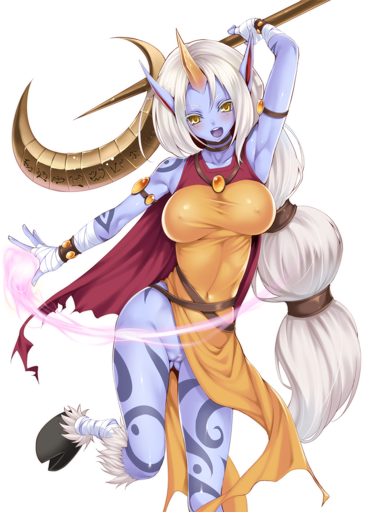 :d arm_up armpits bad_id bad_pixiv_id bandages blue_skin blush bottomless breasts covered_nipples holding hooves horn kure_masahiro large_breasts league_of_legends leg_up long_hair looking_at_viewer monster_girl multi-tied_hair open_mouth pointy_ears pussy simple_background smile solo soraka staff tabard tattoo white_background white_hair yellow_eyes
