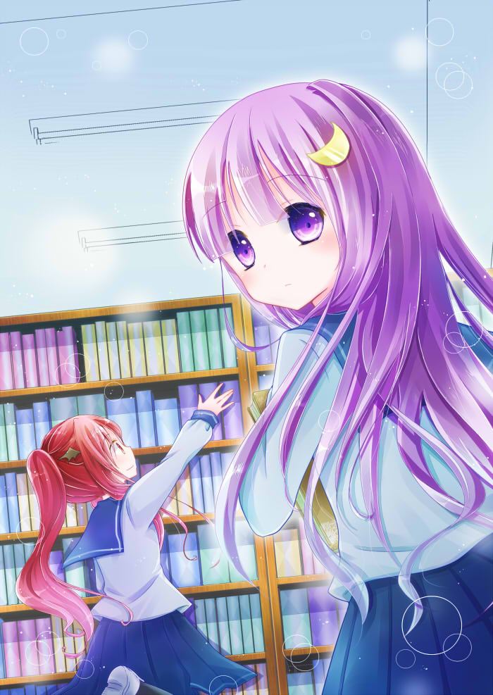 alternate_costume alternate_hairstyle arm_up book crescent crescent_hair_ornament hair_down hair_ornament headwear_removed koakuma library long_hair looking_at_viewer looking_back multiple_girls murasaki_(murasakiiro_no_yoru) patchouli_knowledge ponytail purple_eyes purple_hair red_eyes red_hair school_uniform serafuku skirt touhou