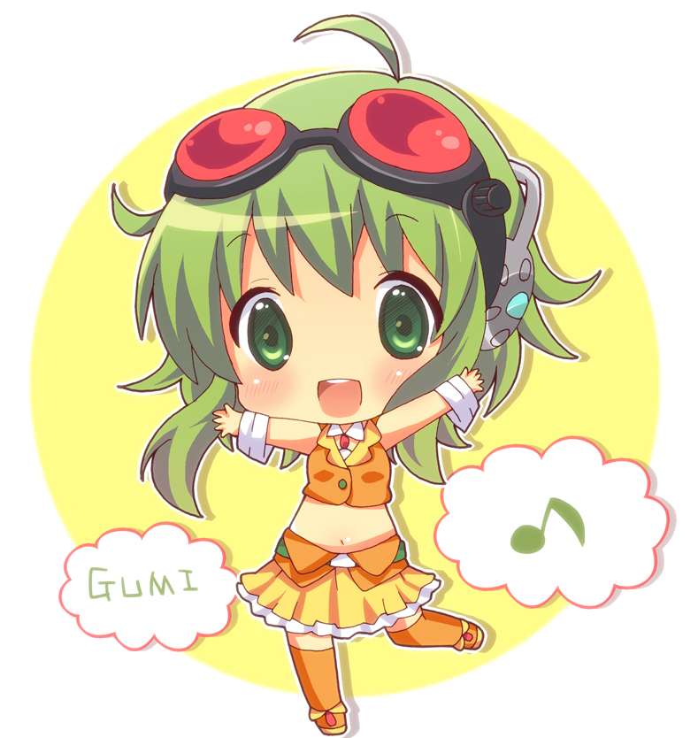 ahoge bad_id bad_pixiv_id blush chibi goggles goggles_on_head green_eyes green_hair gumi headphones kumakichi_(toshigat) open_mouth skirt smile solo vocaloid