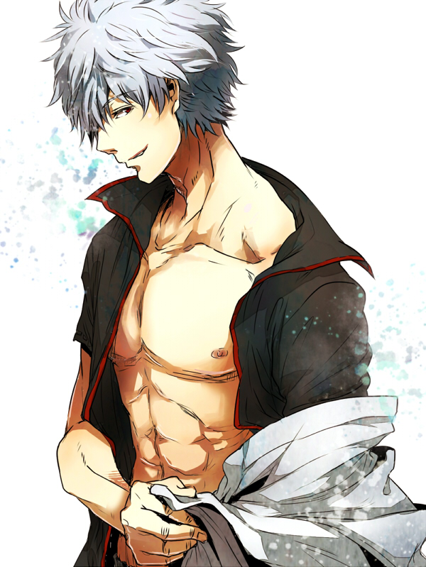 abs bad_id bad_pixiv_id gintama male_focus naughty_face nipples nolife open_clothes open_shirt red_eyes sakata_gintoki shirt silver_hair solo undressing