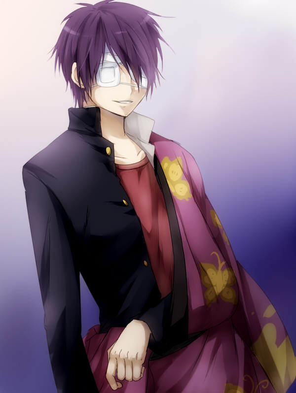 bandage_over_one_eye gintama japanese_clothes male_focus maruki_(punchiki) purple_hair school_uniform solo takasugi_shinsuke
